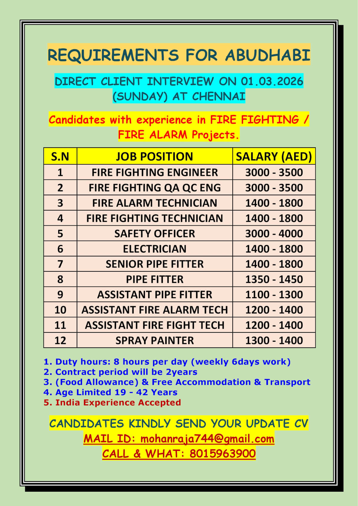 REQUIREMENTS FOR ABUDHABI - DIRECT CLIENT INTERVIEW ON 01.03.2026 (SUNDAY) AT CHENNAI