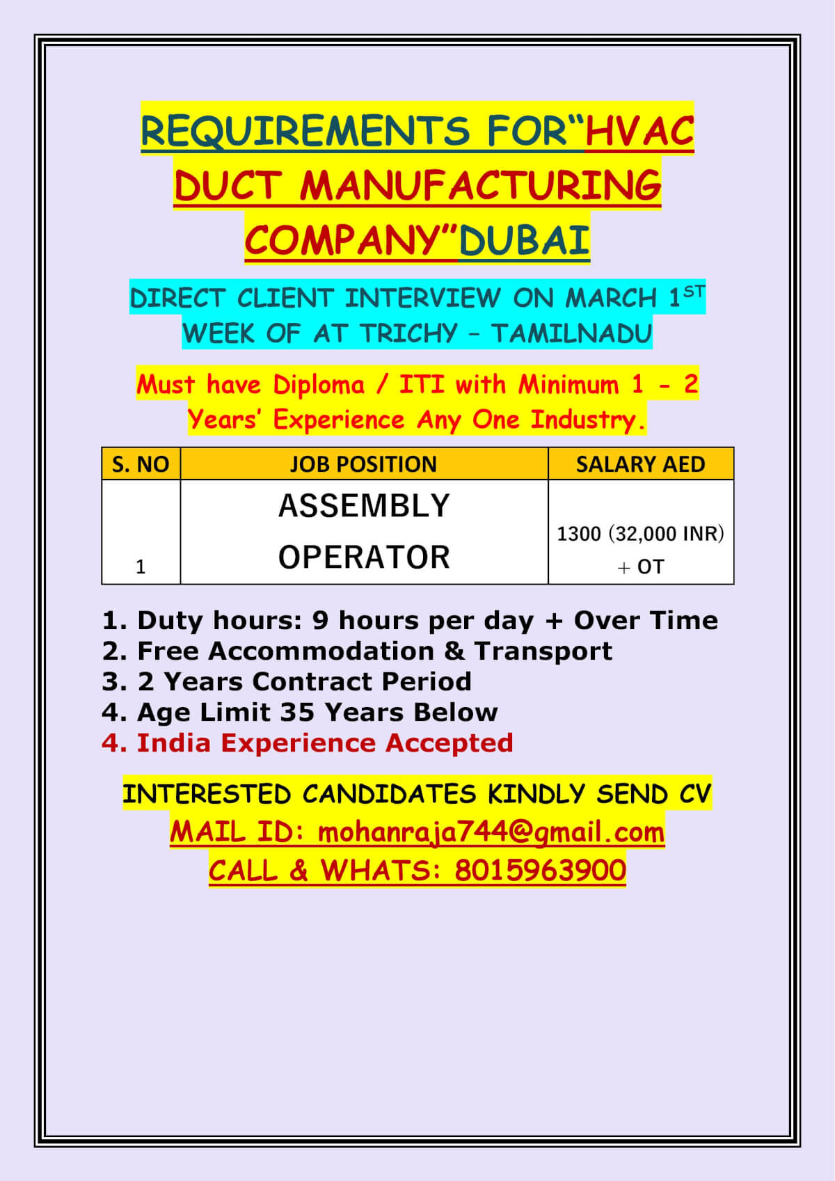 REQUIREMENTS FOR“HVAC DUCT MANUFACTURING COMPANY”DUBAI