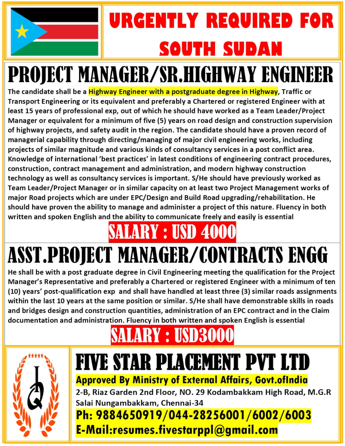 URGENT REQUIREMENT FOR SOUTH SUDAN URGENT REQUIREMENT FOR SOUTH SUDAN