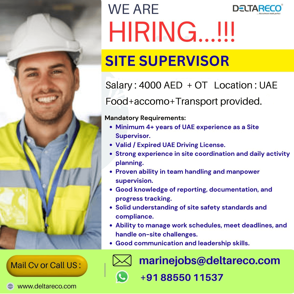 Hiring Site Supervisor for UAE Hiring Site Supervisor for UAE