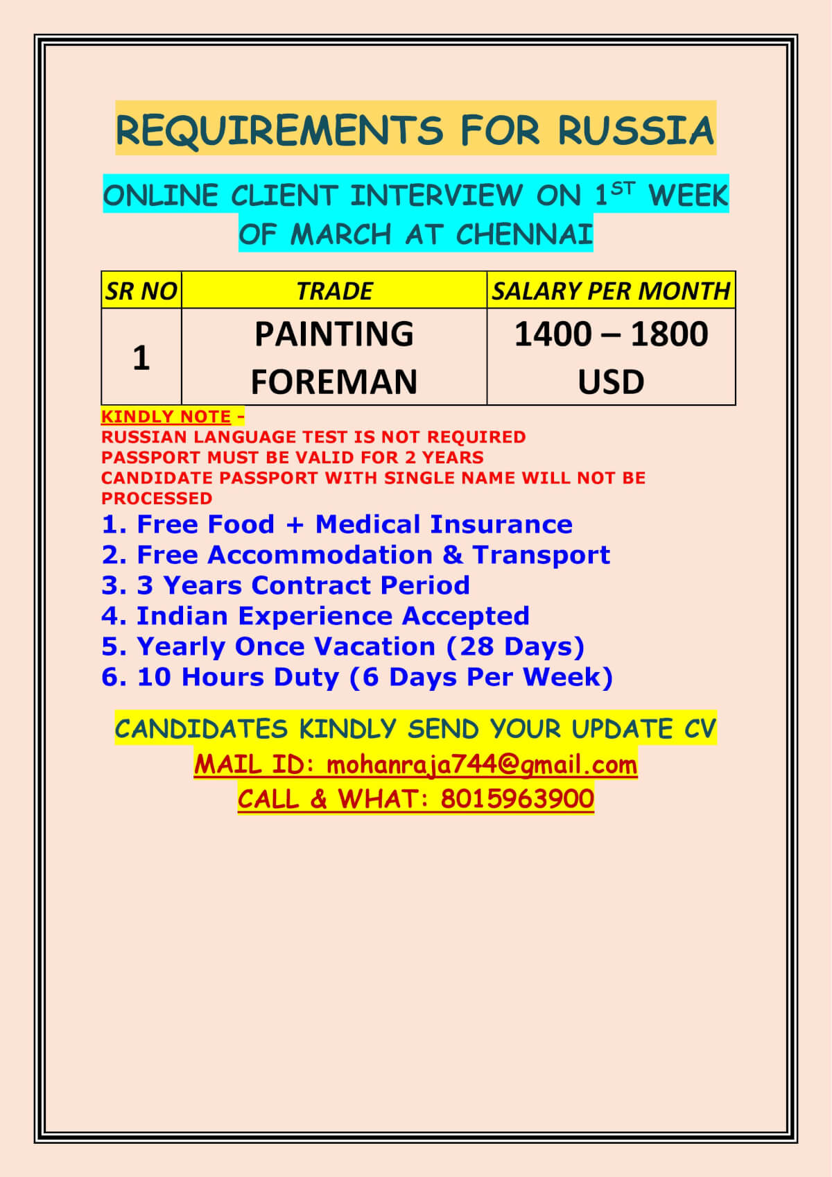 REQUIREMENTS FOR RUSSIA - ONLINE CLIENT INTERVIEW ON 1ST WEEK OF MARCH AT CHENNAI REQUIREMENTS FOR RUSSIA - ONLINE CLIENT INTERVIEW ON 1ST WEEK OF MARCH AT CHENNAI