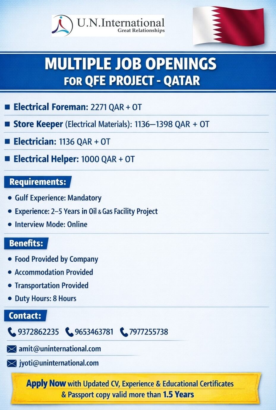 Multiple Job Openings – QFE Project, Qatar
