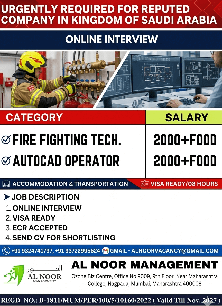 URGENTLY REQUIRED FOR REPUTED COMPANY IN KINGDOM OF SAUDI ARABIA