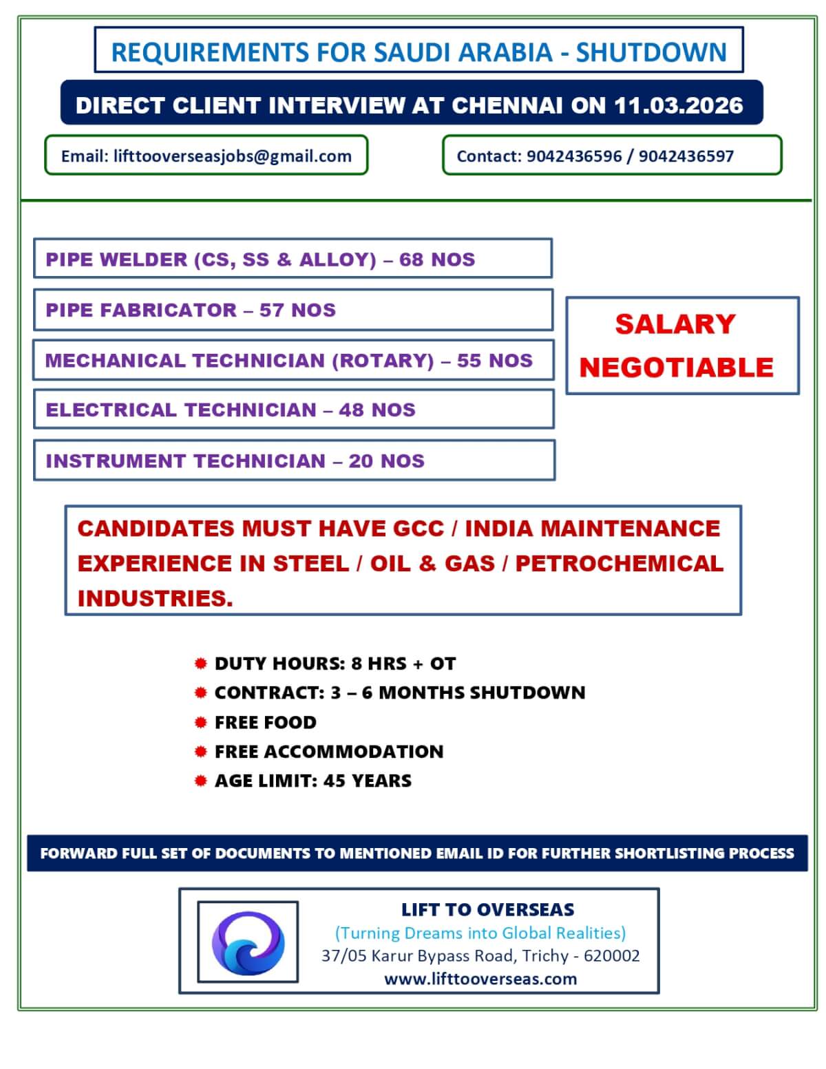 PIPE WELDER(CS, SS & ALLOY), PIPE FABRICATION, MECHANICAL TECHNICIAN(ROTARY), ELECTRICAL TECHNICIAN, INSTRUMENT TECHNICIAN.
