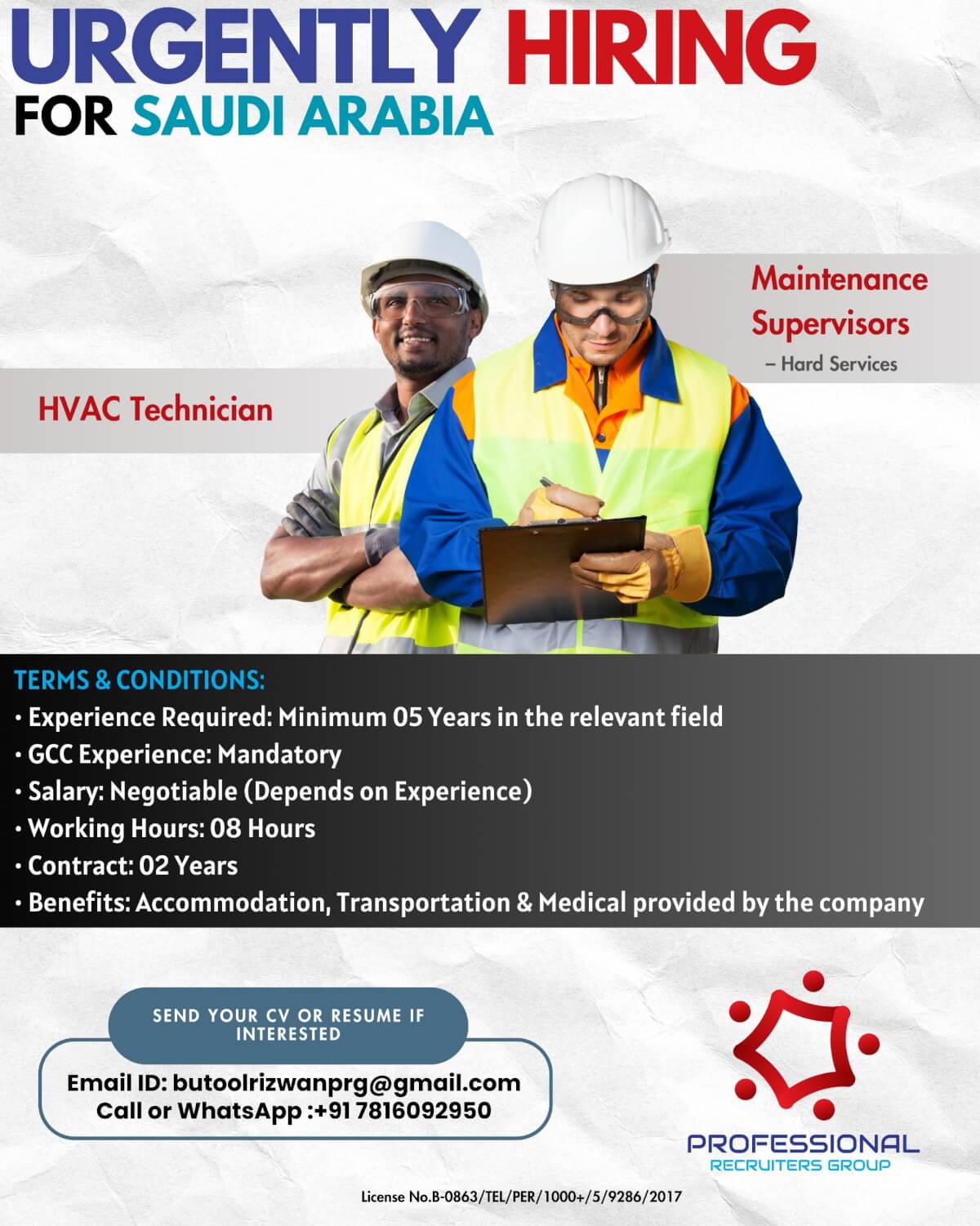 URGENTLY REQUIRED HVAC TECHNICIANS AND HARD SERVICE SUPERVISORS FOR KSA URGENTLY REQUIRED HVAC TECHNICIANS AND HARD SERVICE SUPERVISORS FOR KSA
