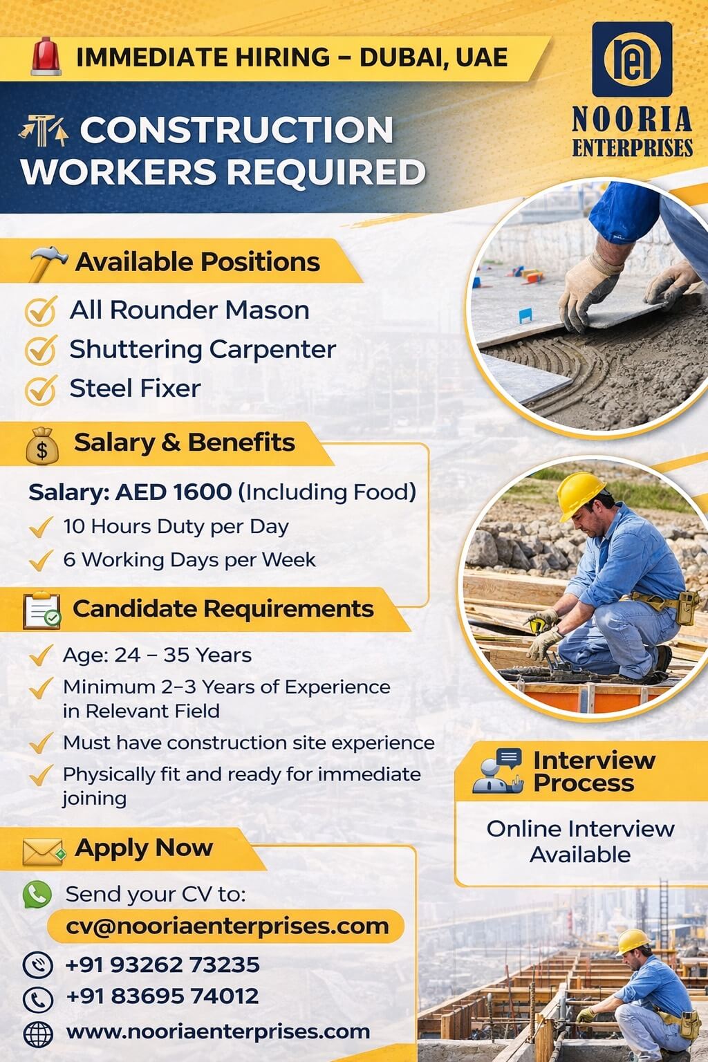 All Rounder Mason, Shuttering Carpenter, Steel Fixer All Rounder Mason, Shuttering Carpenter, Steel Fixer