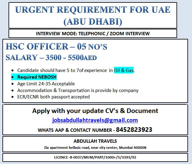 URGENT REQUIREMENT FOR UAE  (ABU DHABI)