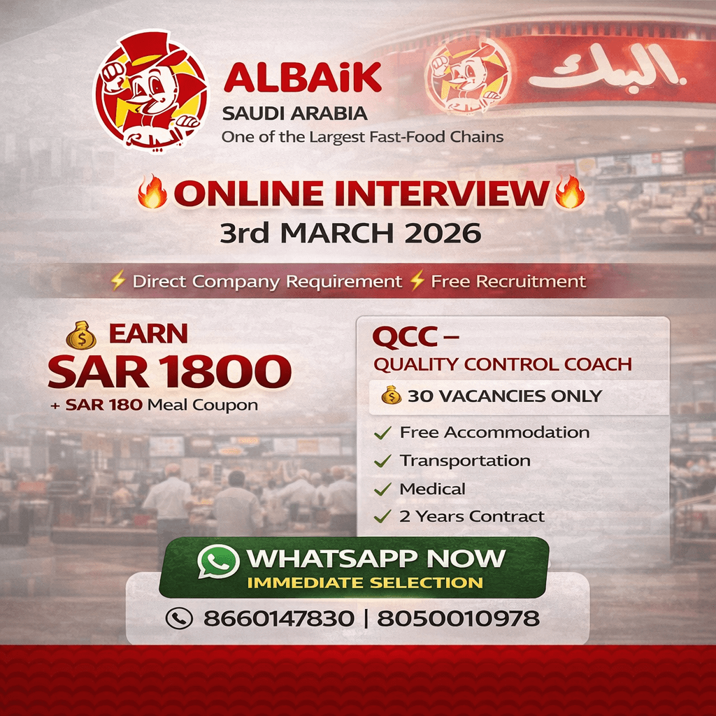 QC Food Quality Controller Jobs in Saudi Arabia – Albaik Restaurant | Online Interview | Free Recruitment