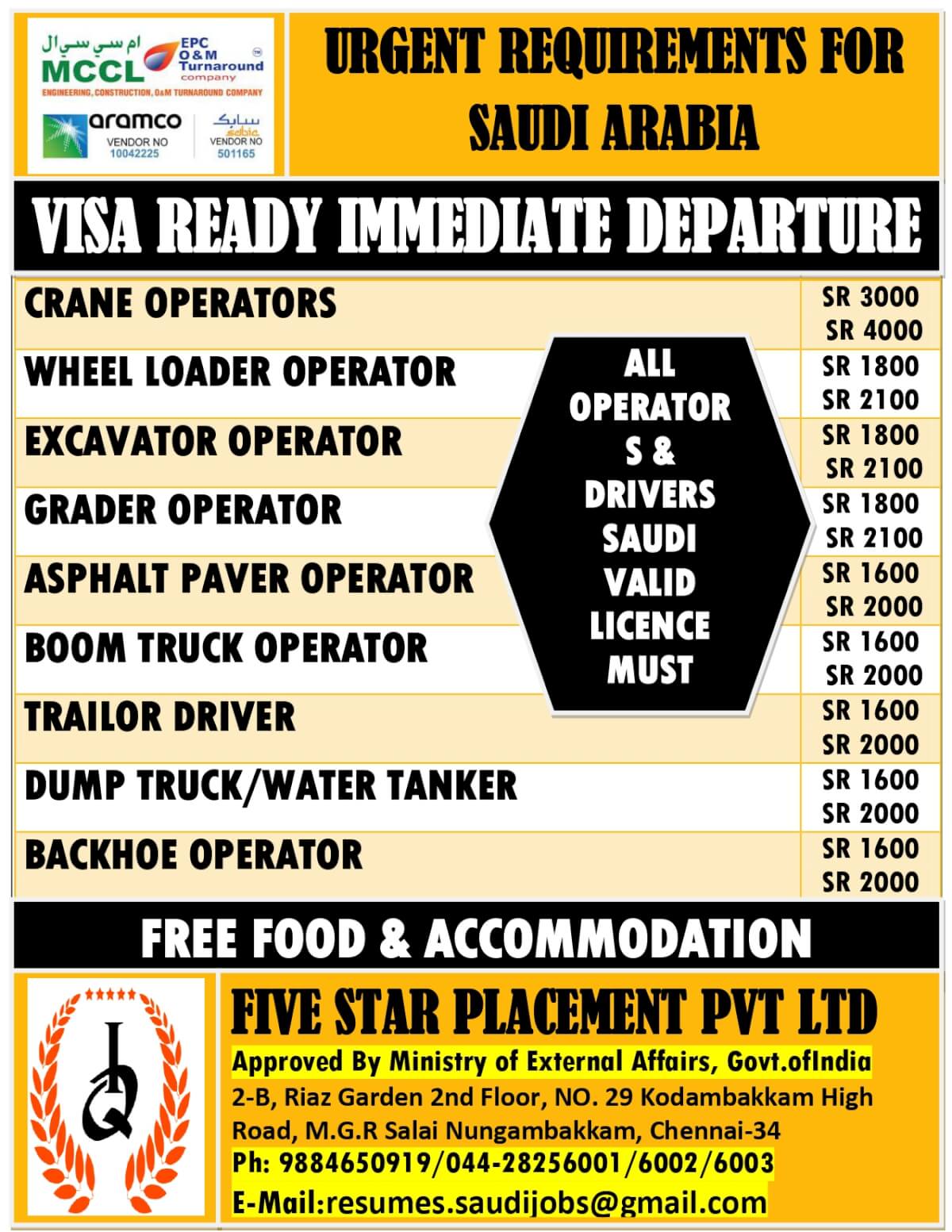 URGENT REQUIREMENT FOR SAUDI ARABIA