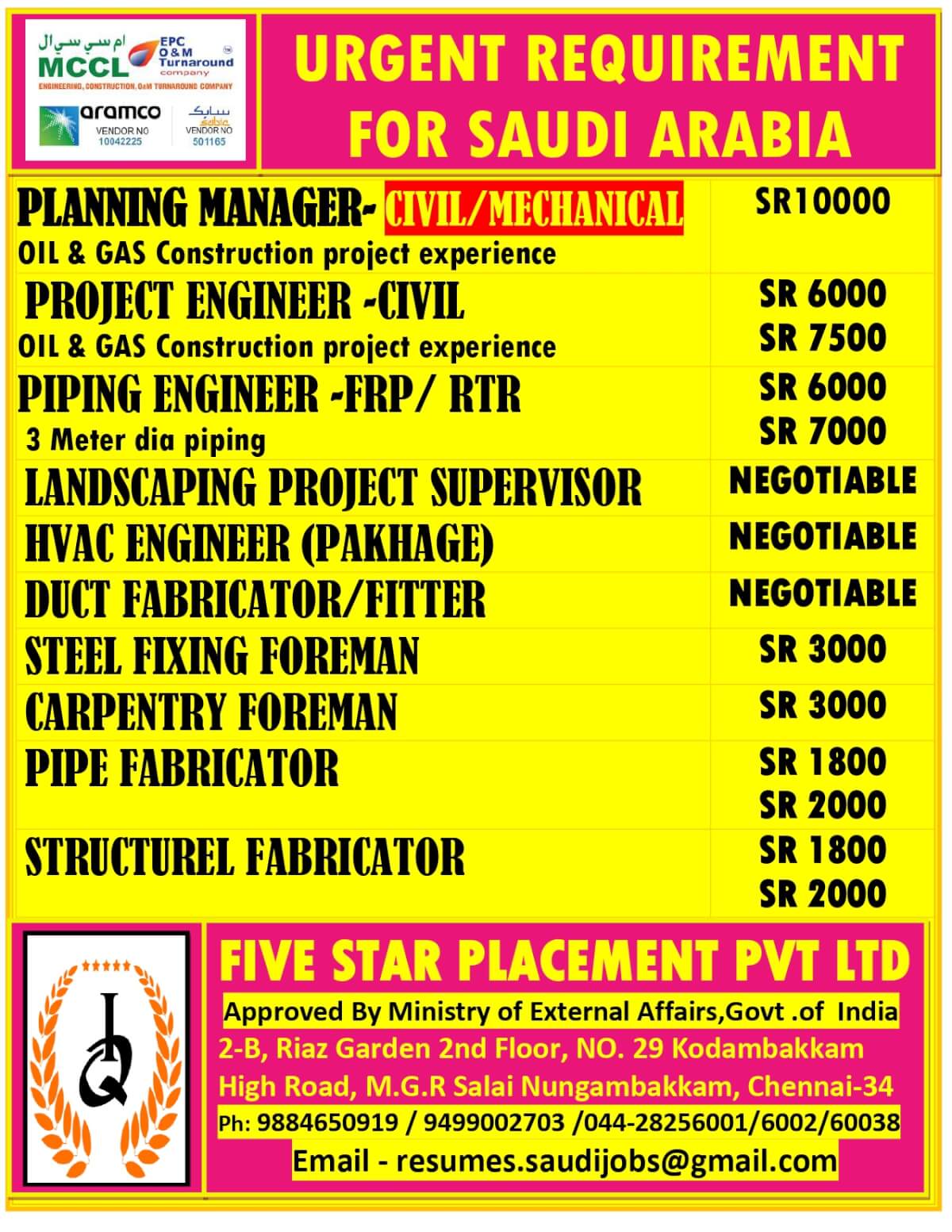 URGENT REQUIREMENT FOR SAUDI ARABIA