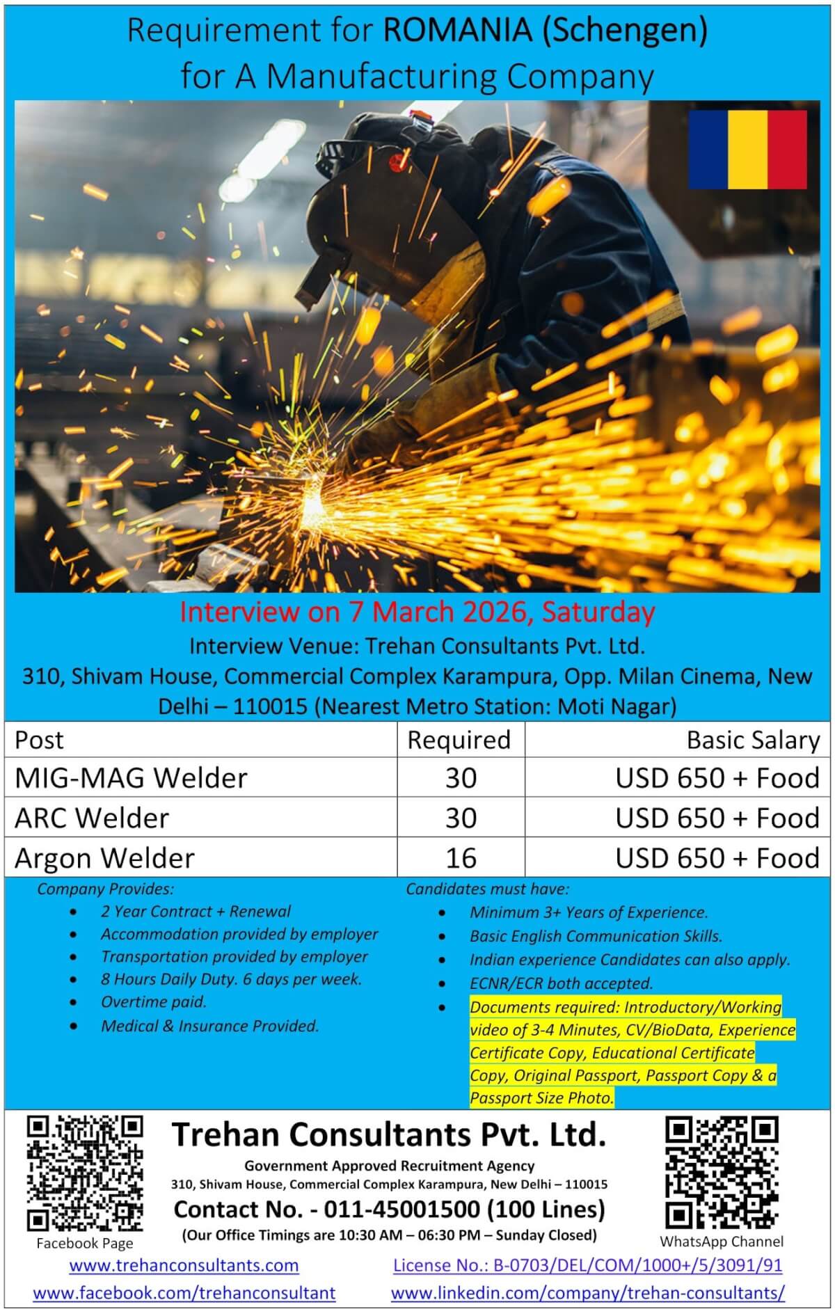 Welders required for ROMANIA (Schengen) for A Manufacturing Company - Interview Date 7 March 2026