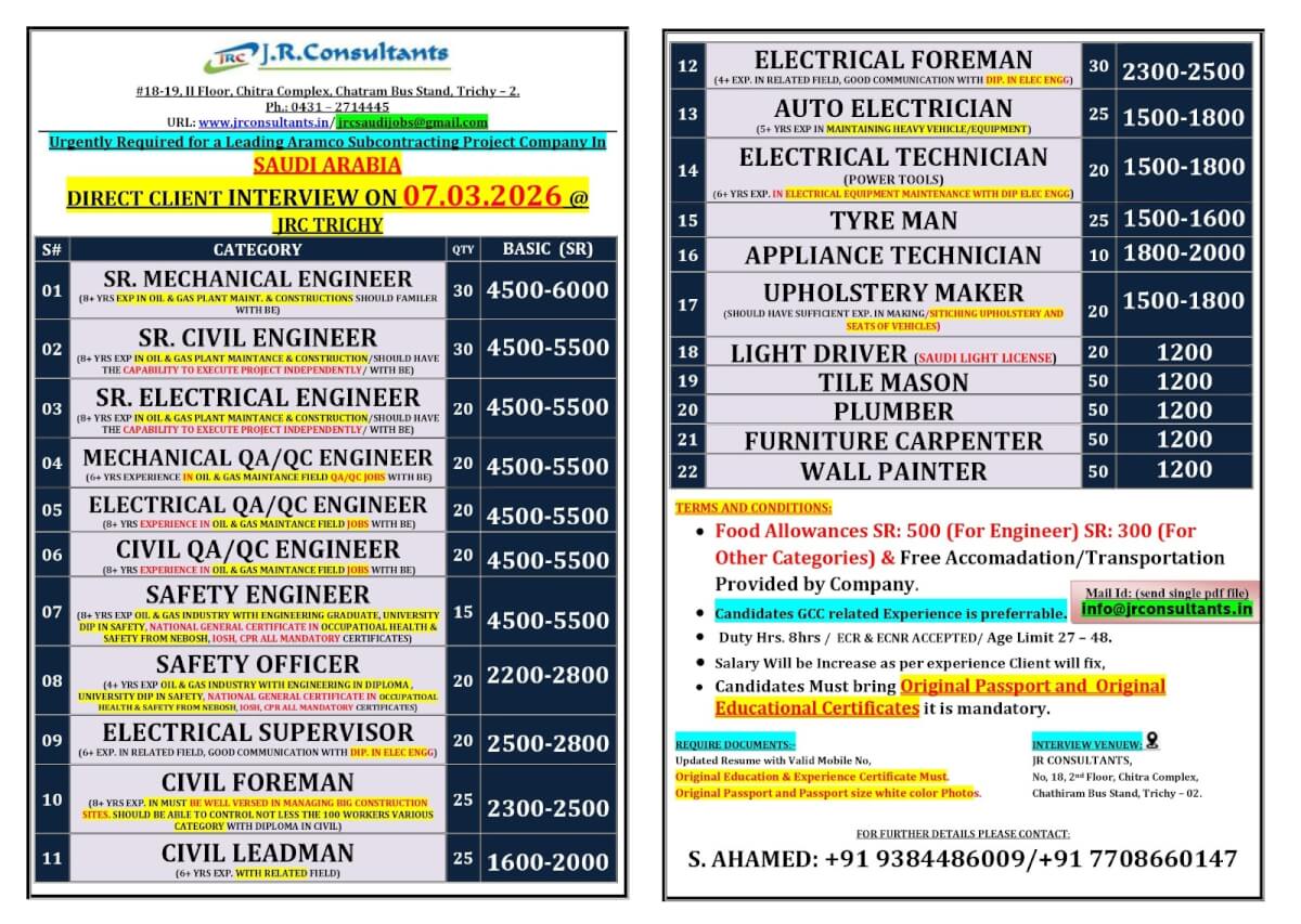 URGENTLY REQUIRED FOR A LEADING ARAMCO SUBCONTRACTING PROJECT COMPANY IN SAUDI ARABIA DIRECT CLIENT INTERVIEW ON 07.03.2026 @ JRC TRICHY URGENTLY REQUIRED FOR A LEADING ARAMCO SUBCONTRACTING PROJECT COMPANY IN SAUDI ARABIA DIRECT CLIENT INTERVIEW ON 07.03.2026 @ JRC TRICHY