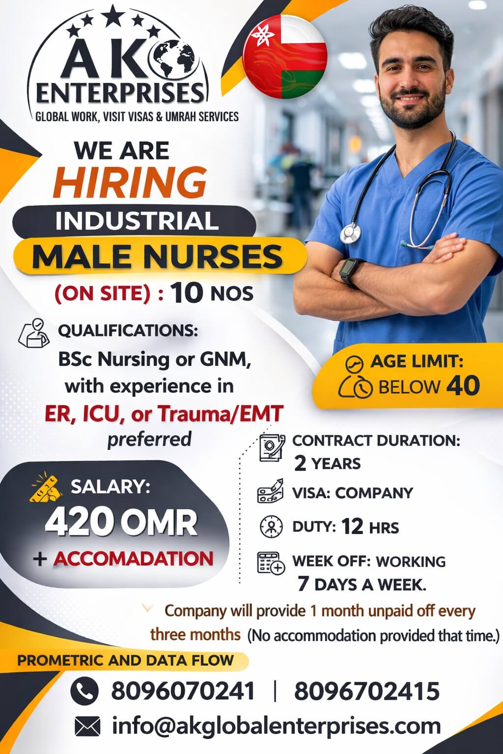 OMAN  INDUSTRIAL MALE  NURSE (On Site): 10 NOS  PROMETRIC AND DATA FLOW