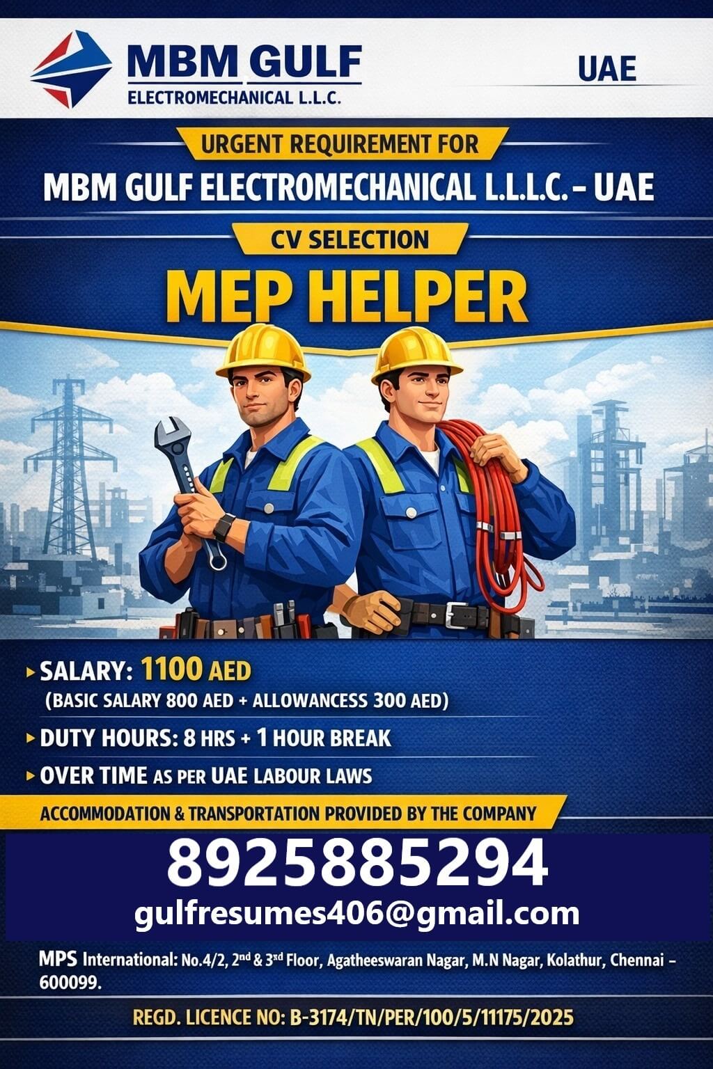 URGENT REQUIREMENT FOR MBM GULF ELECTROMECHANICAL L.L.C. – UAE CV SELECTION URGENT REQUIREMENT FOR MBM GULF ELECTROMECHANICAL L.L.C. – UAE CV SELECTION