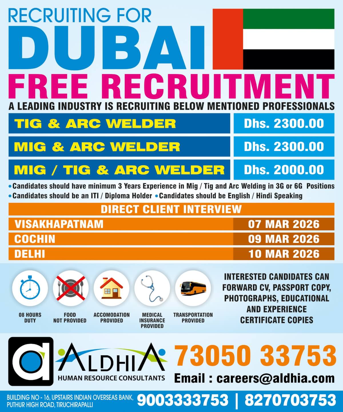 UAE -  Dubai / Light duty Driver No-3 Lic / Rope Access Technician L-1 / Mig & Tig & Arc welder