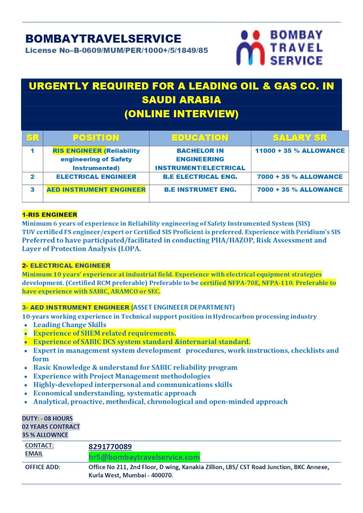 URGENTLY HIRING FOR OIL & GAS CO. SAUDI ARABIA