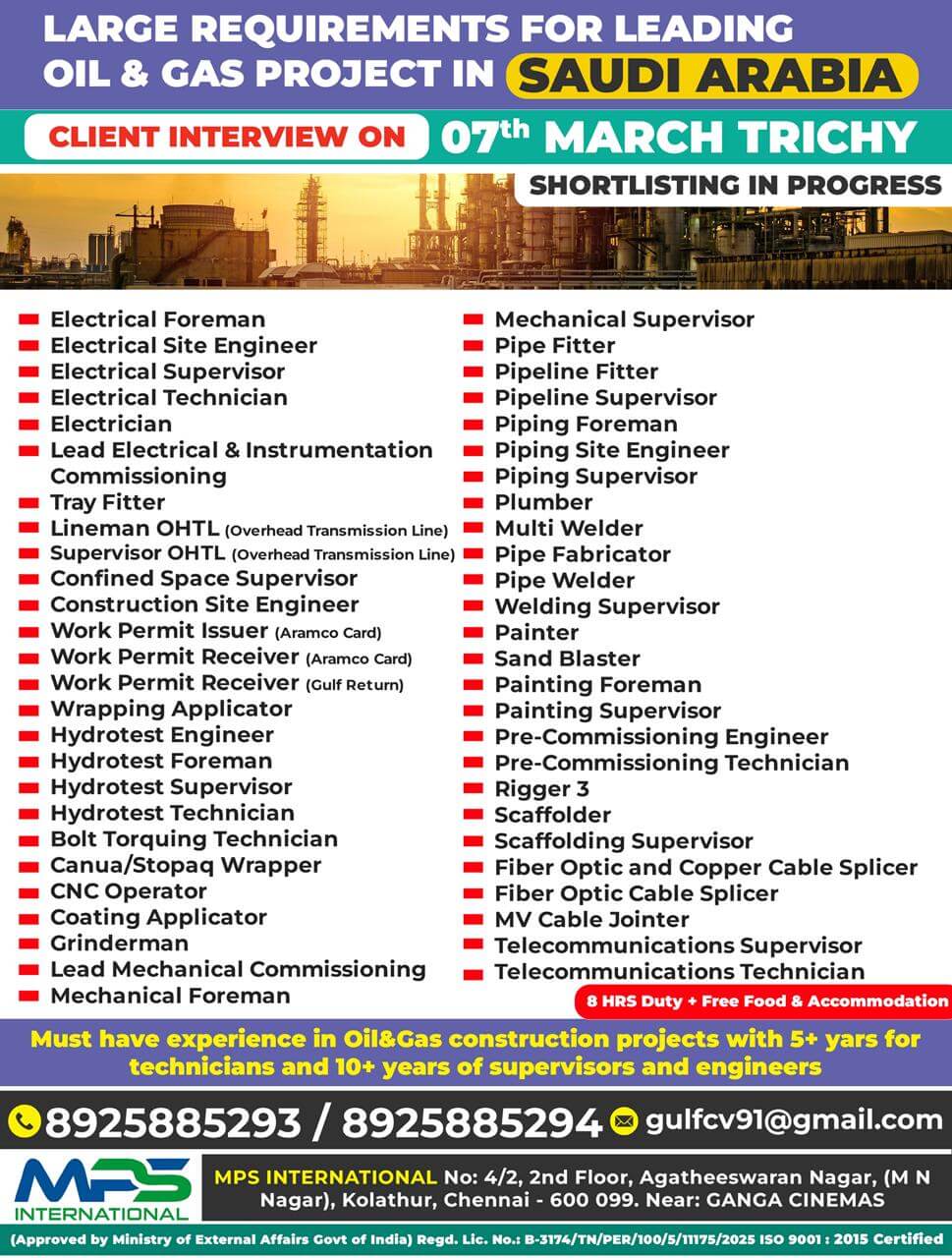 LARGE REQUIREMENTS FOR LEADING OIL & GAS PROJECT IN SAUDI ARABIA  CLIENT INTERVIEW ON 07.03.2026  AT TRICHY