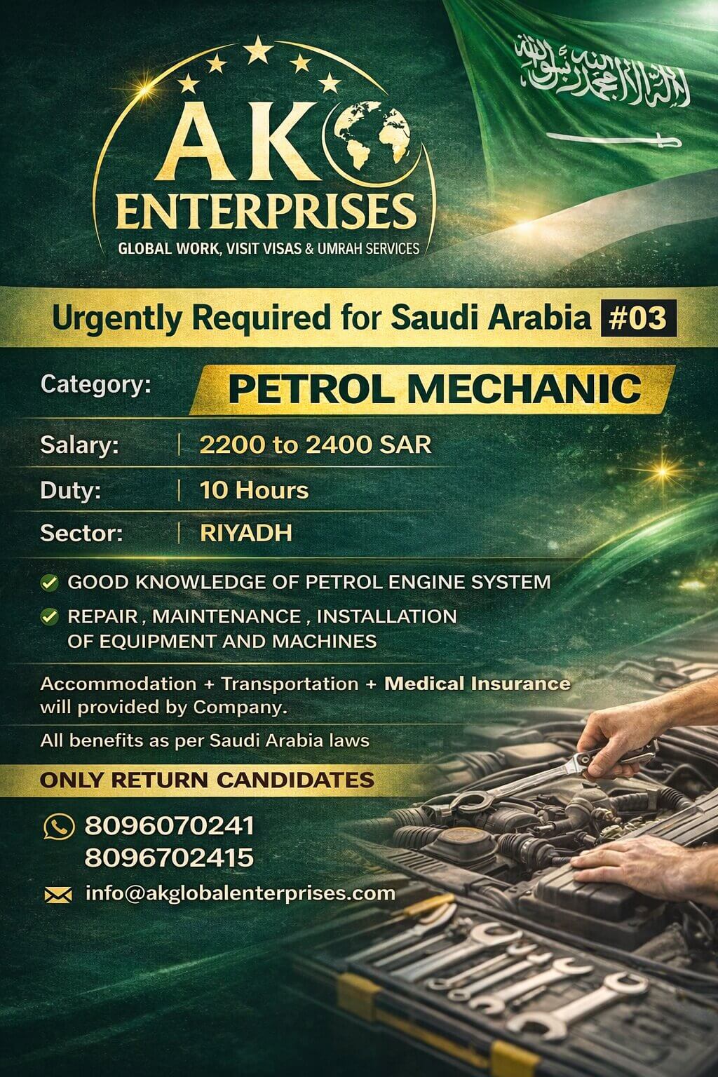 Urgently Required for Saudi Arabia ??   Category:  PETROL MECHANIC