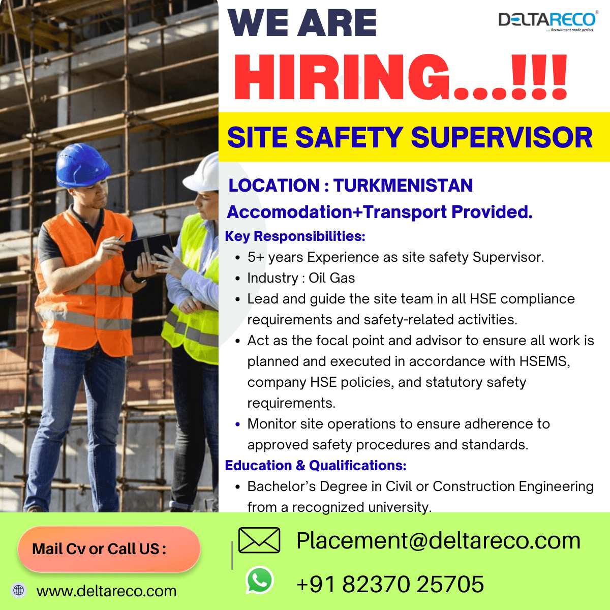 Hiring  Site Safety Supervisor for  Turkmenistan