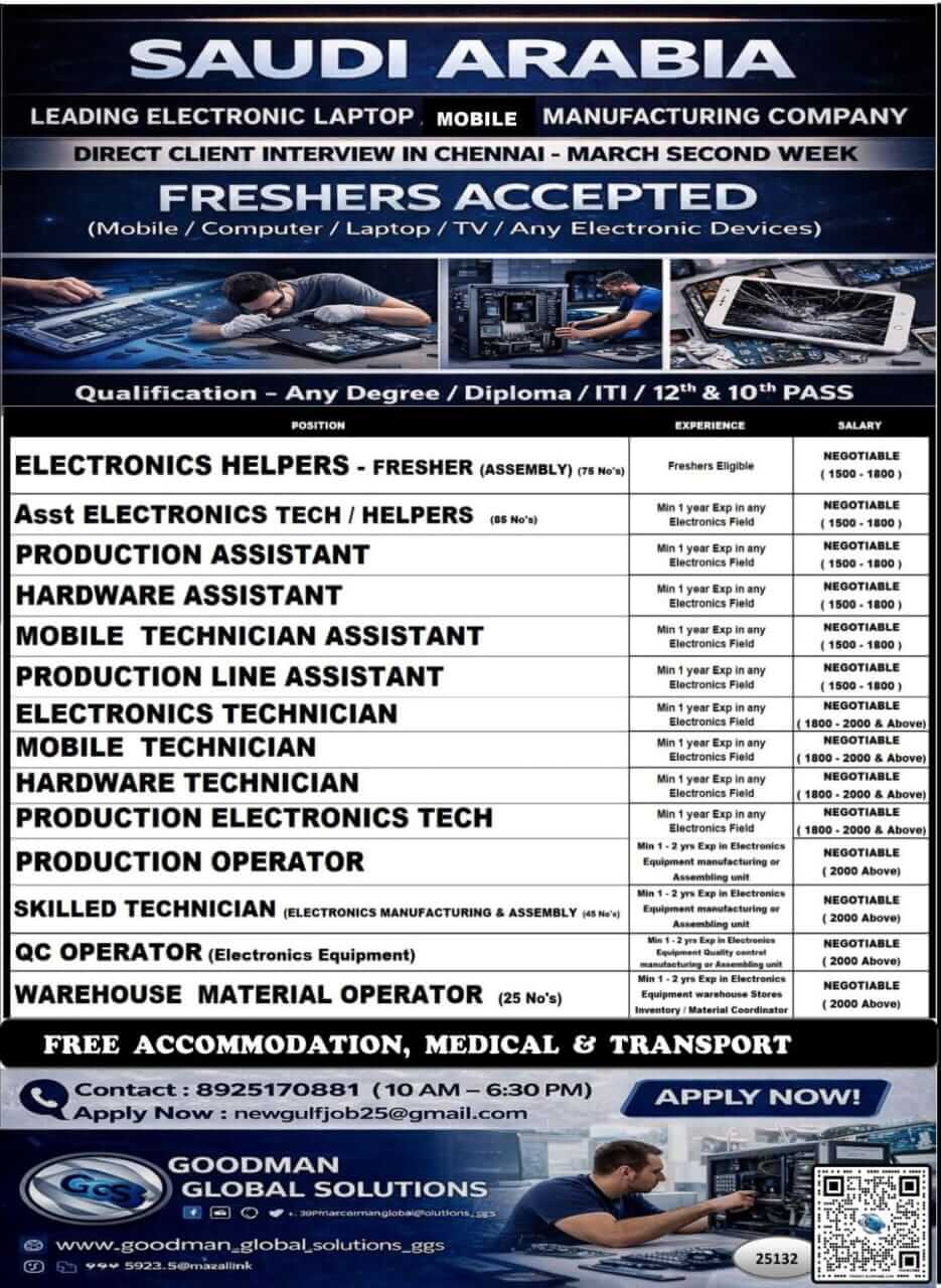 SAUDI ARABIA - LEADING ELECTRONIC COMPANY (LONG TERM) DIRECT CLIENT INTERVIEW IN CHENNAI @ MARCH LAST WEEK SAUDI ARABIA - LEADING ELECTRONIC COMPANY (LONG TERM) DIRECT CLIENT INTERVIEW IN CHENNAI @ MARCH LAST WEEK