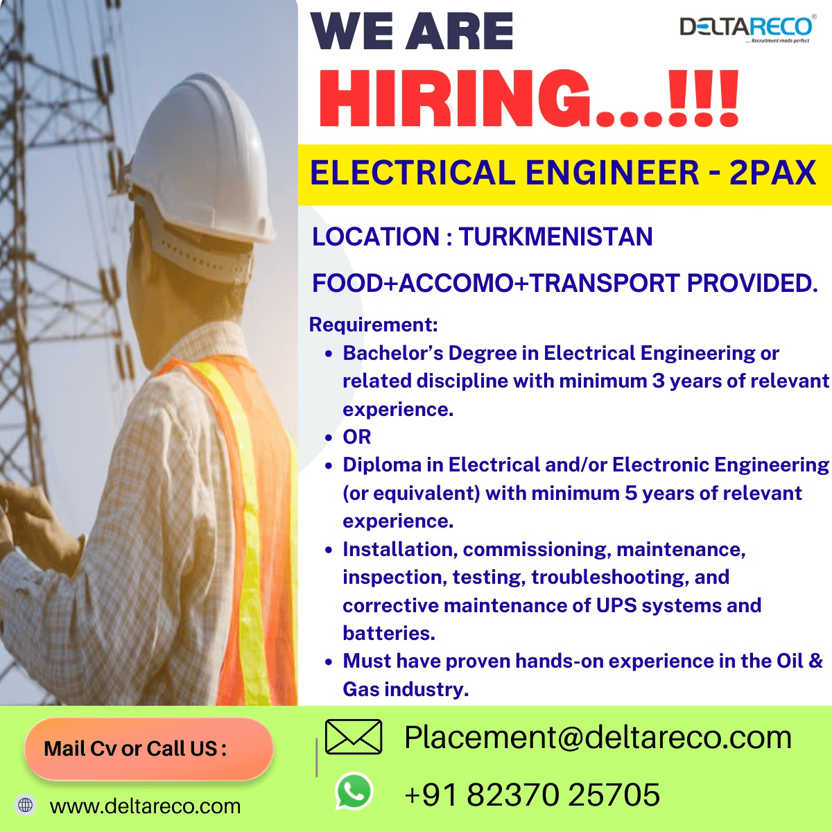 Hiring  Electrical Engineer for Turkmenistan
