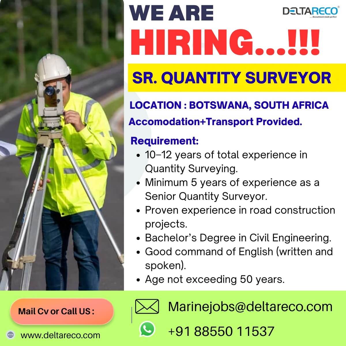 Hiring  Senior Quantity Surveyor for  South Africa