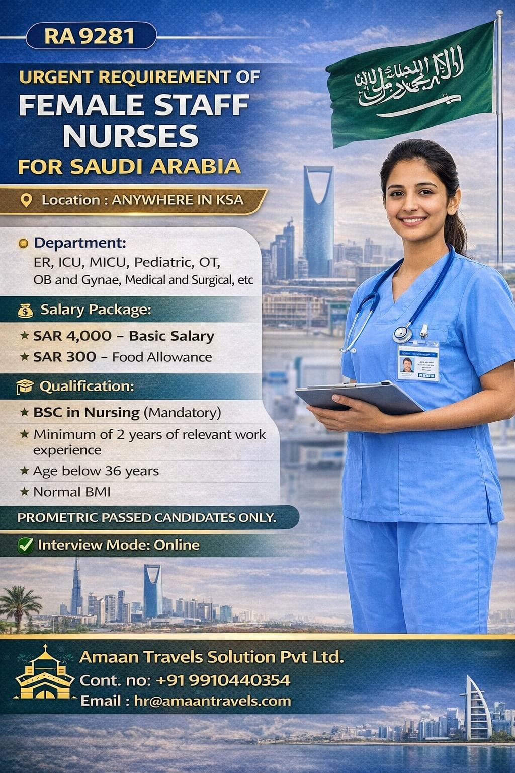 URGENT REQUIREMENT OF FEMALE STAFF NURSES FOR KINGDOM OF SAUDI ARABIA