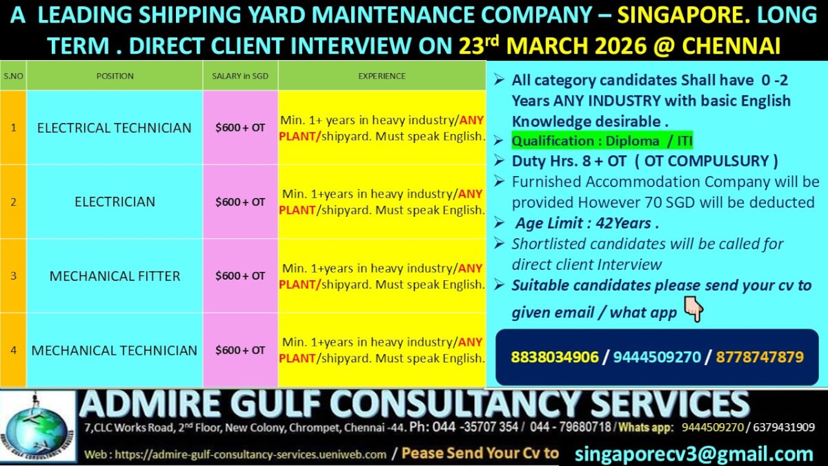 A  LEADING SHIPPING YARD MAINTENANCE COMPNAY -SINGAPORE . LONG TERM . DIRRECT CLIENT INTERVIEW ON 23rd MARCH 2026 @ CHENNAI