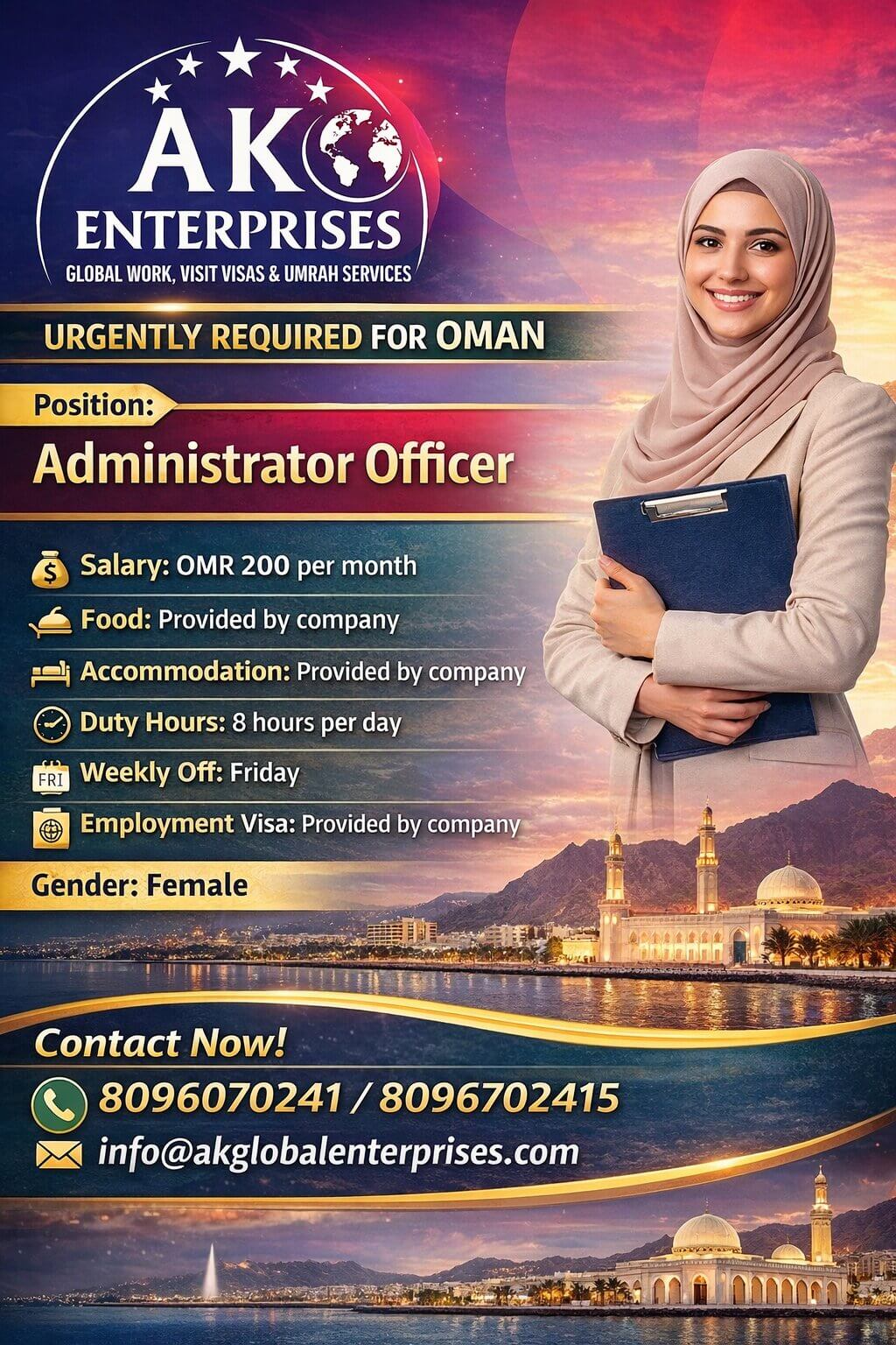 Urgently Required-Administrator Officer in Oman-Female