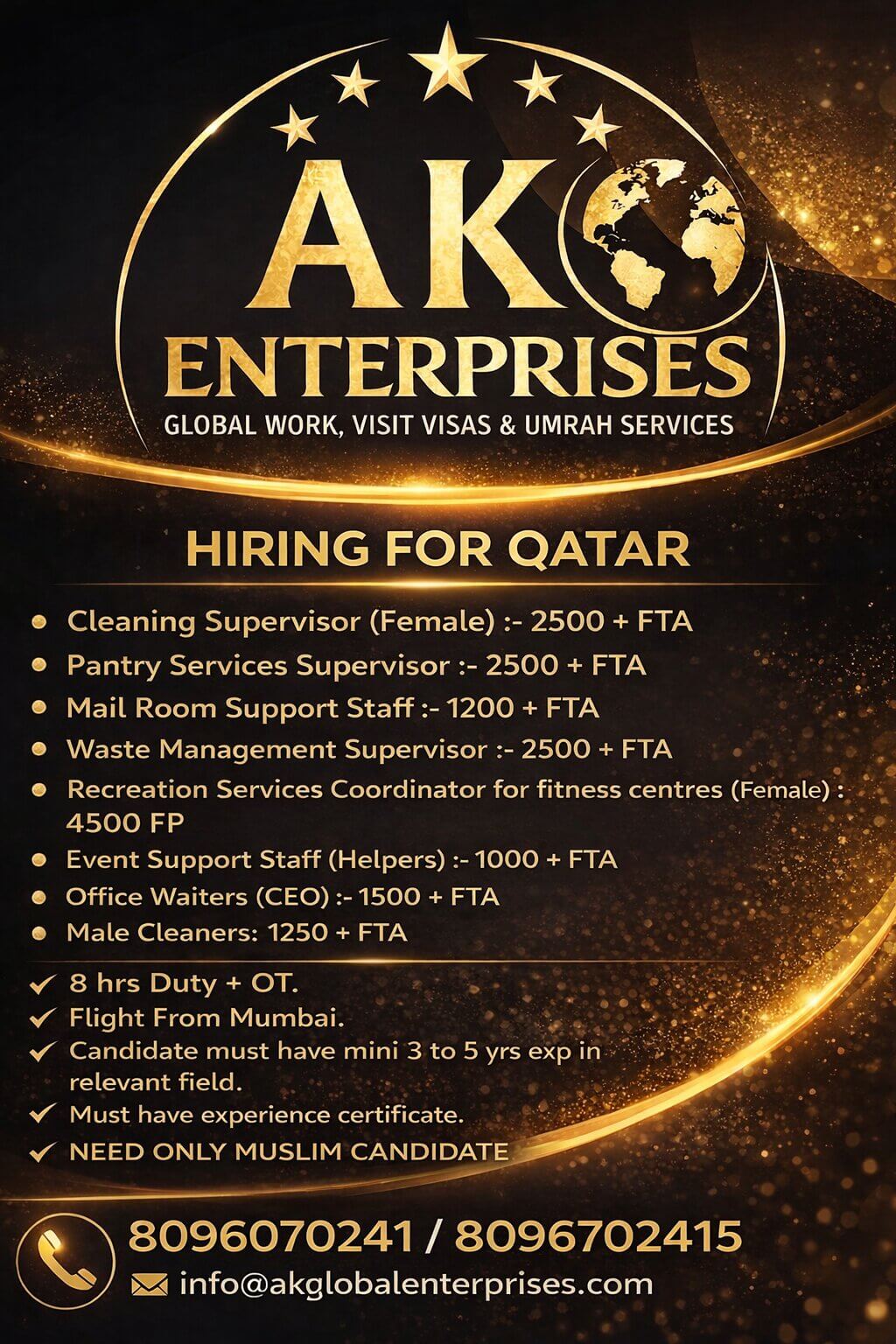 Hiring for Qatar – Job Requirements- Male & Female only Muslim Candidate