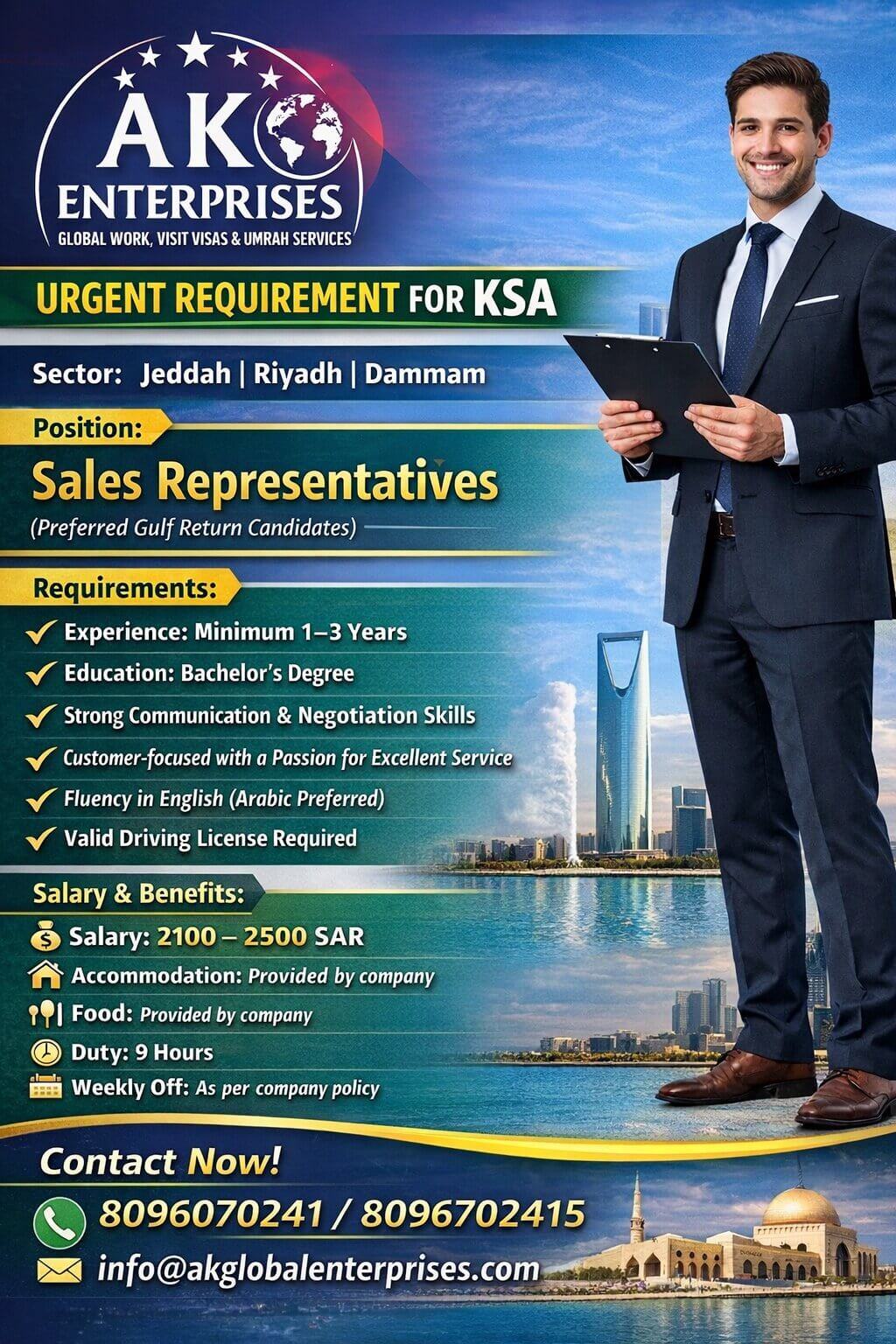 Urgent Requirement for KSA – Sales Representatives (Preferred Gulf Return Candidates)