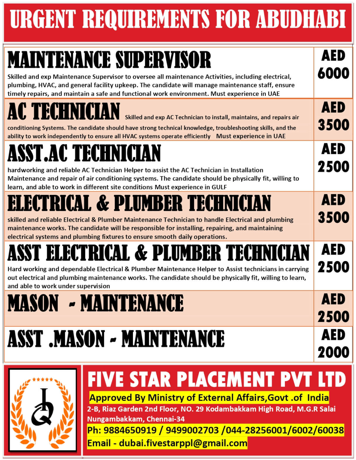 URGENT REQUIREMENTS FOR  ABUDHABI