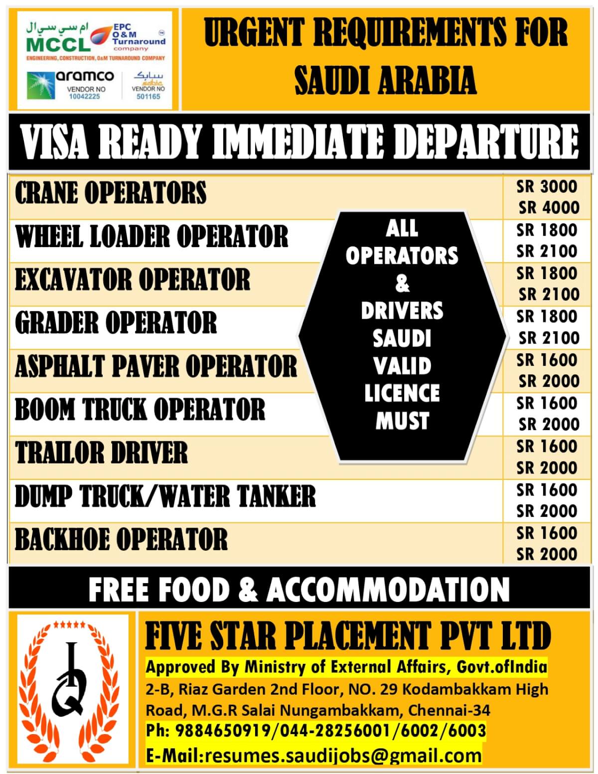 URGENT REQUIREMENTS FOR SAUDI ARABIA