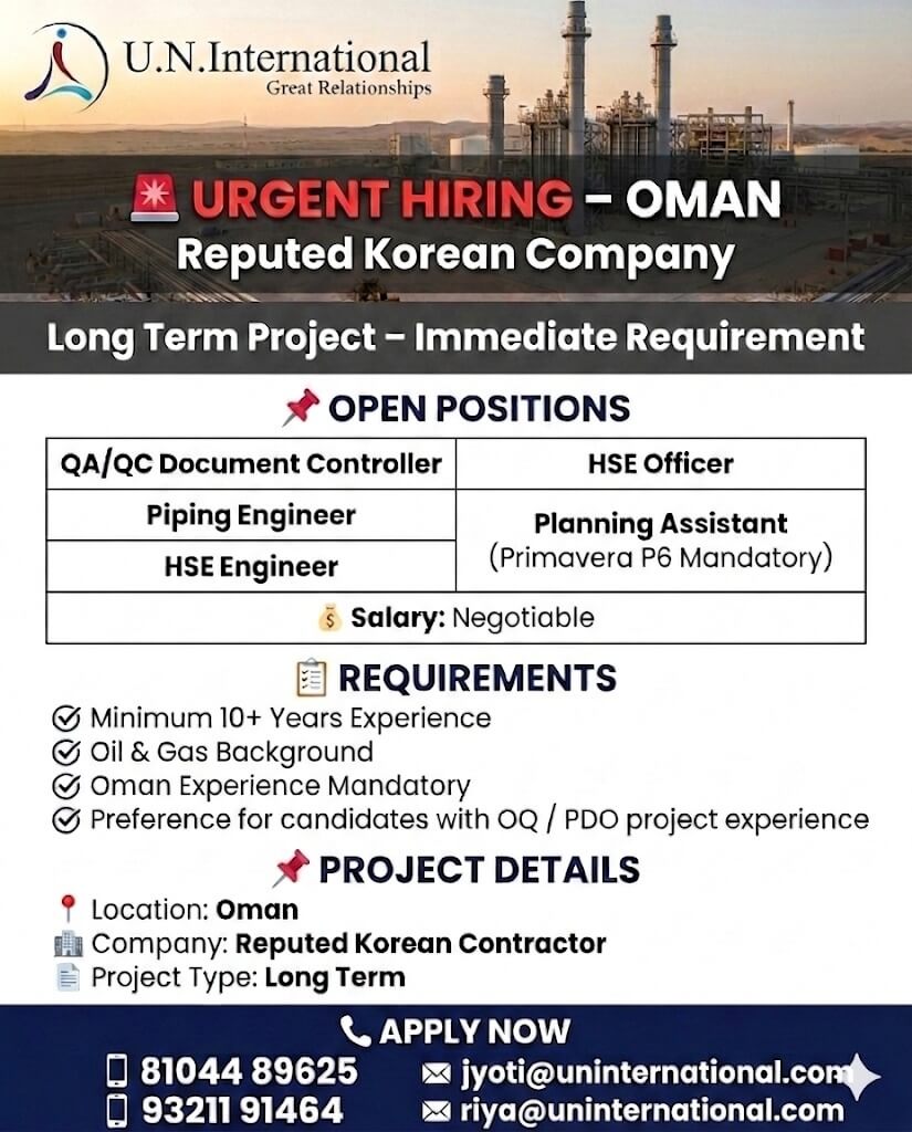 URGENT REQUIRMENT FOR LONG TERM  OMAN PROJECT