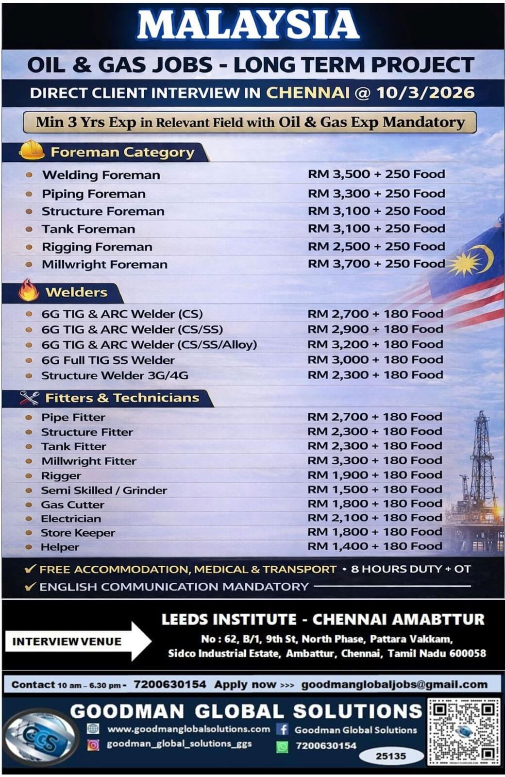 MALAYSIA - OIL &GAS - LONG TERM PROJECT  DIRECT CLIENT  INTERVIEW IN CHENNAI @ 10/03/2026