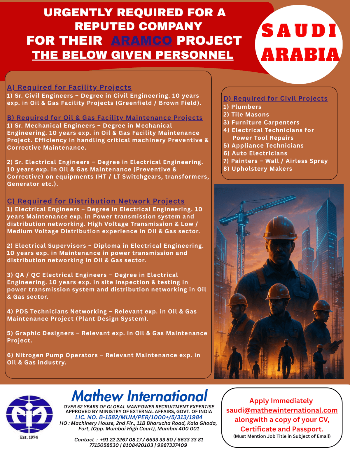 Saudi - Urgently required for a reputed company for their ARAMCO Project the below given personnel Position