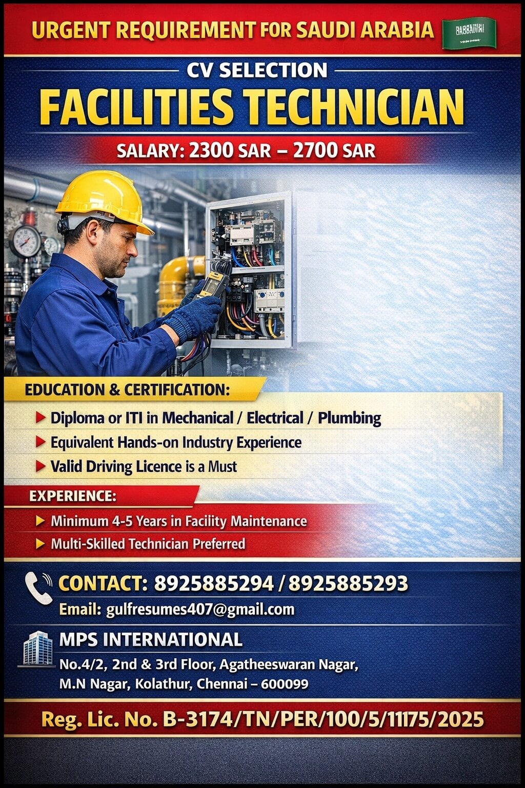 URGENT REQUIREMENT FOR SAUDI ARABIA CV SELECTION
