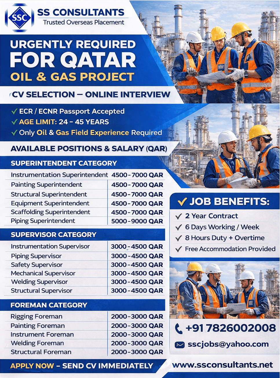 Gulf AsiaQatar Oil & Gas Jobs 2026 – Supervisors, Foreman & Superintendent Vacancies | CV Selection | SS Consultants