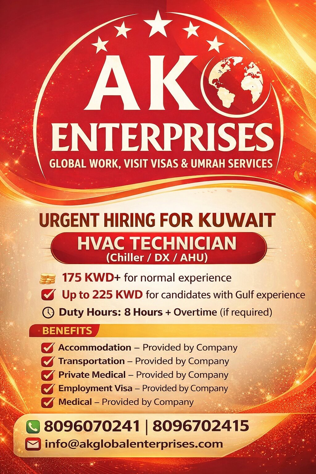 Urgent Hiring for Kuwait  Position: HVAC Technician (Chiller / DX / AHU)