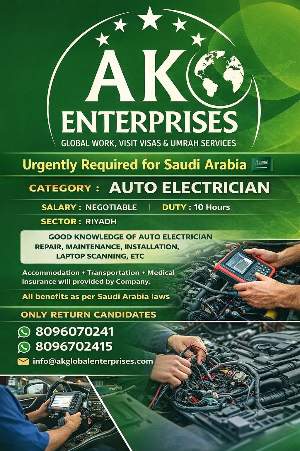Urgently Required for Saudi Arabia -  CATEGORY :  AUTO ELECTRICIAN