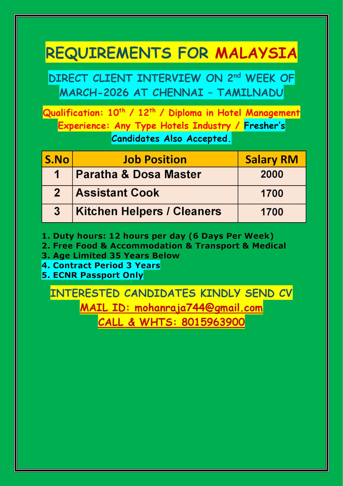 REQUIREMENTS FOR MALAYSIA - DIRECT CLIENT INTERVIEW ON 2nd WEEK OF MARCH-2026 AT CHENNAI – TAMILNADU