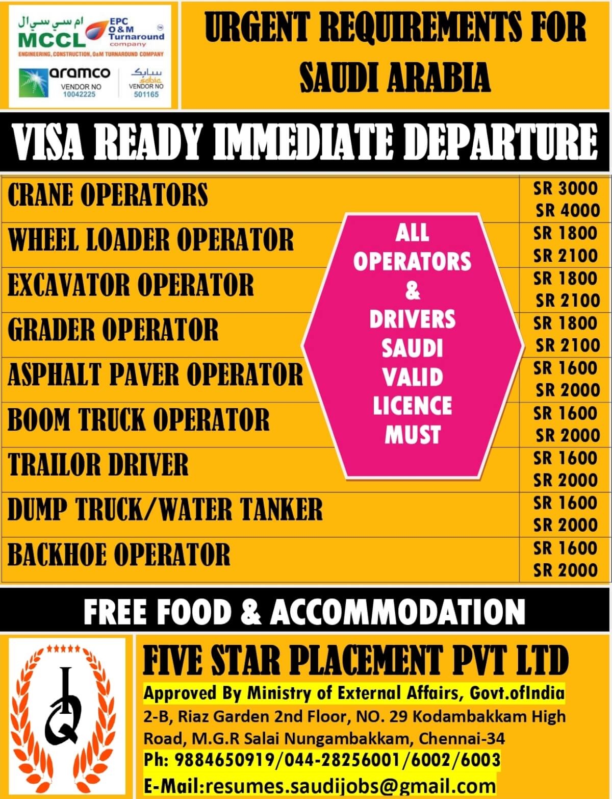 URGENT REQUIREMENTS FOR SAUDI ARABIA