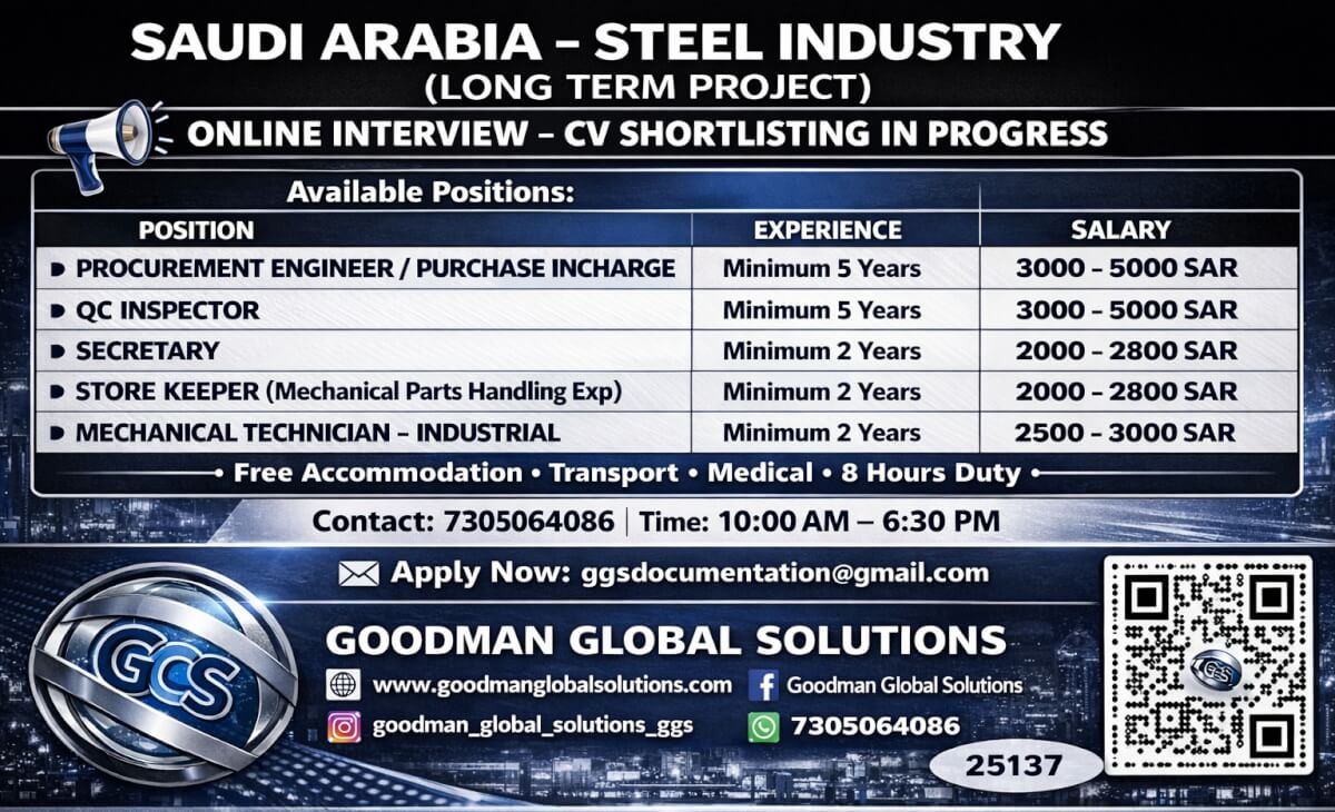 SAUDI ARABIA - STEEL INDUSTRY (LONG TERM PROJECT)  ONLINE  INTERVIEW - CV SHORTLISTING IN CHENNAI