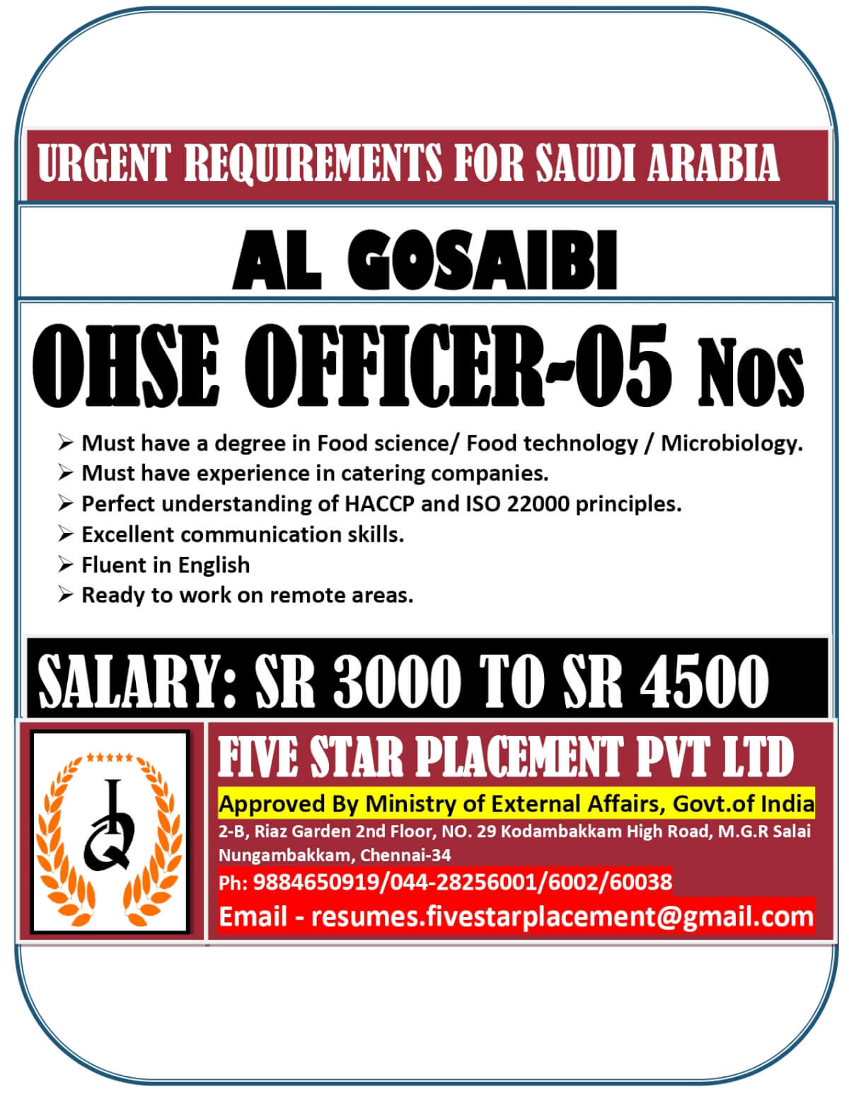 URGENT REQUIREMENTS FOR SAUDI ARABIA