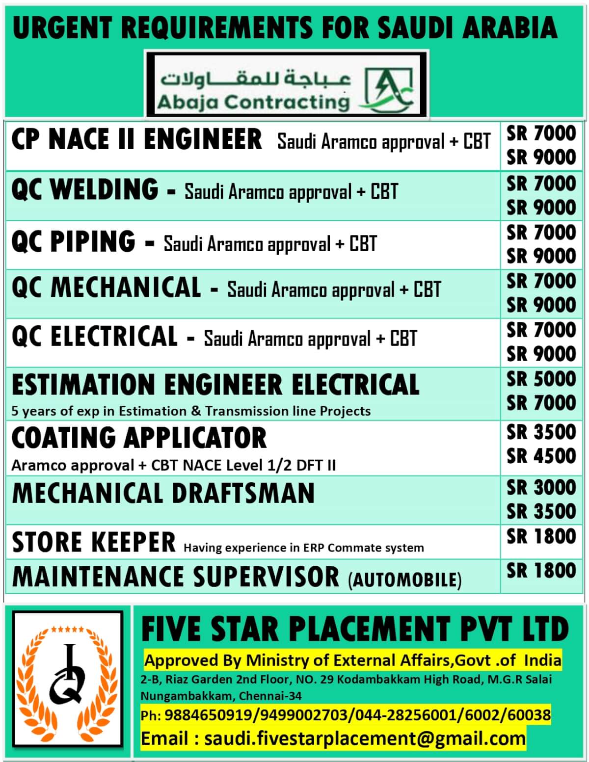 URGENT REQUIREMENTS FOR SAUDI ARABIA