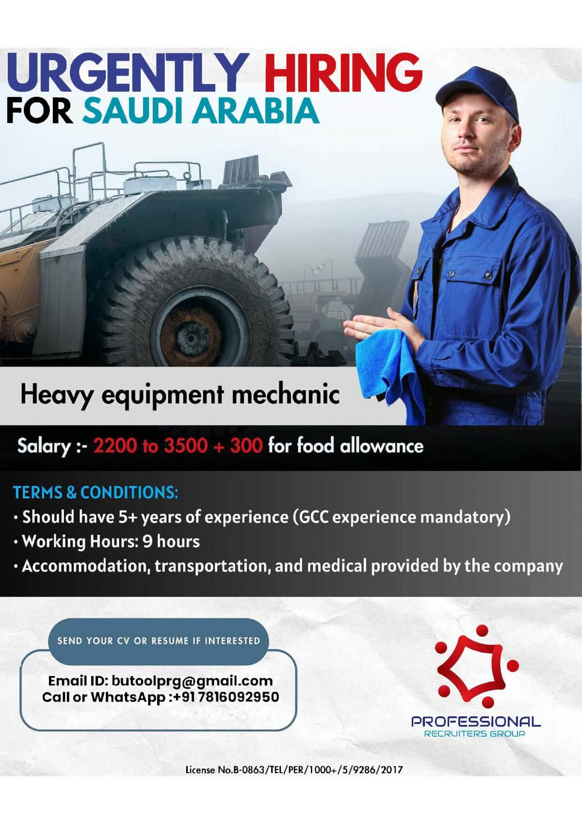 URGENTLY REQUIRED HEAVY EQUIPMENT MECHANIC FOR KSA