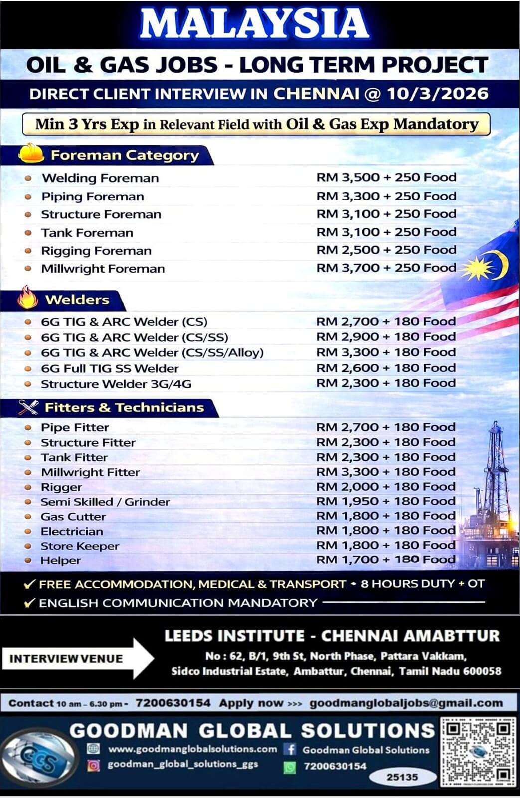MALAYSIA - OIL &GAS - LONG TERM PROJECT  DIRECT CLIENT  INTERVIEW IN CHENNAI @ 10/03/2026
