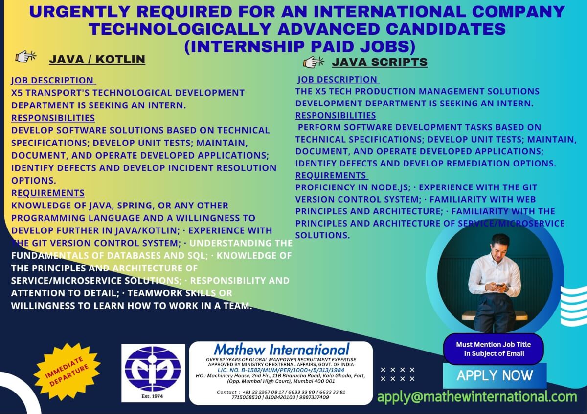 3 -  URGENTLY REQUIRED FOR AN INTERNATIONAL COMPANY - TECHNOLOGICALLY ADVANCED CANDIDATES (internship paid jobs)
