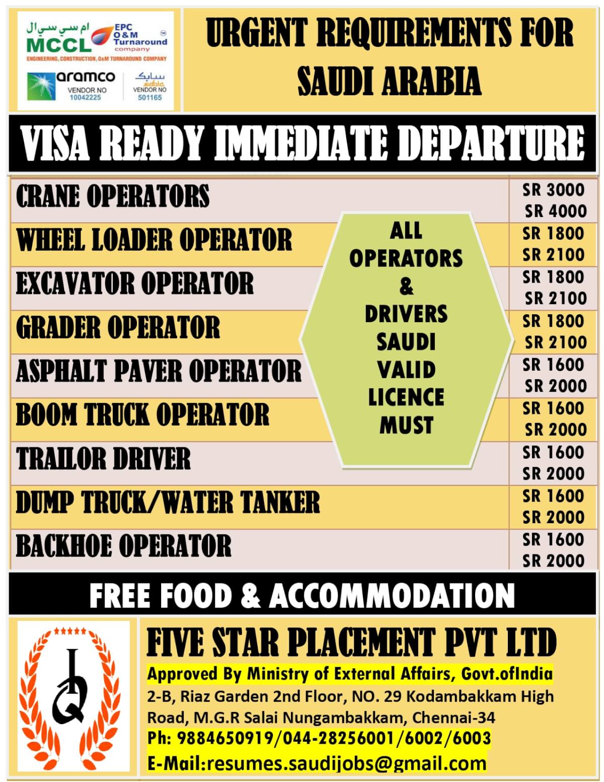 URGENT REQUIREMENTS FOR SAUDI ARABIA