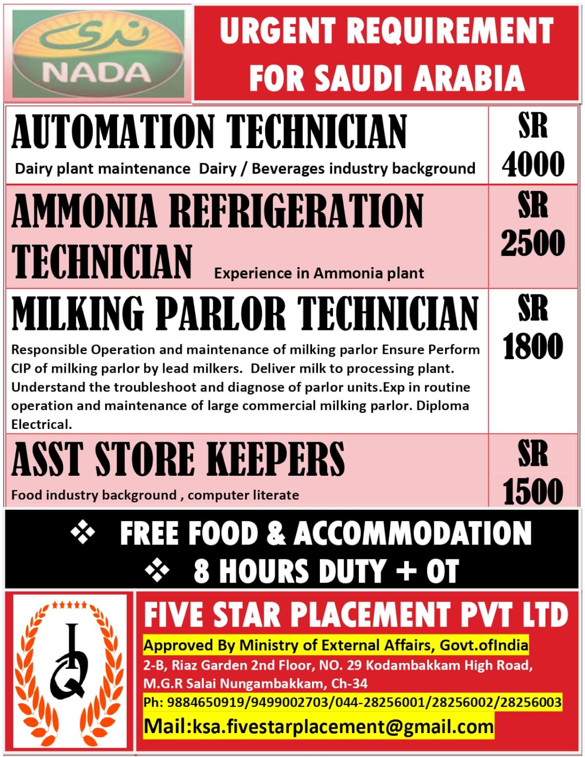 URGENT REQUIREMENTS FOR SAUDI ARABIA
